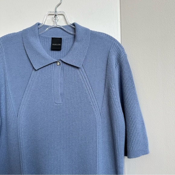 Madeleine Mode Silk + Virgin Wool Sweater Short Sleeve Dusty Blue Collared - Picture 2 of 7